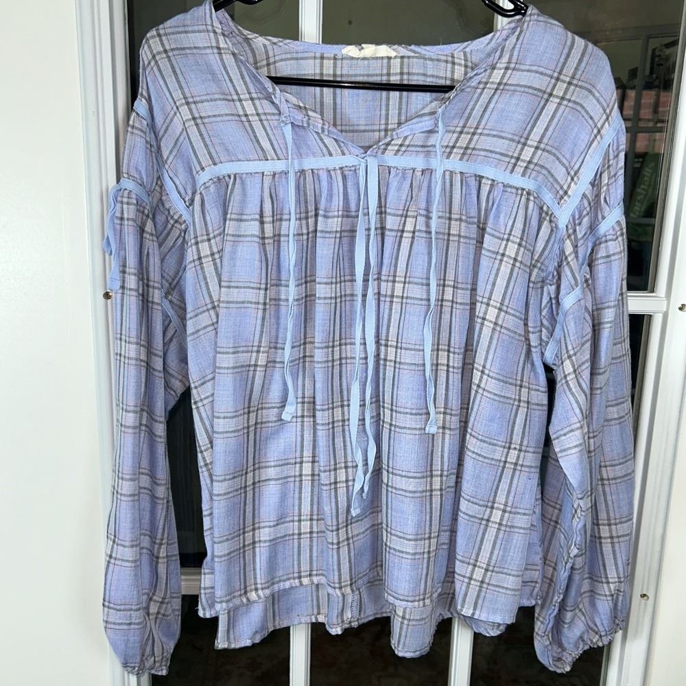 Easel Blue Gray Plaid Babydoll Blouse Tie Neck Balloon Sleeve Size Large